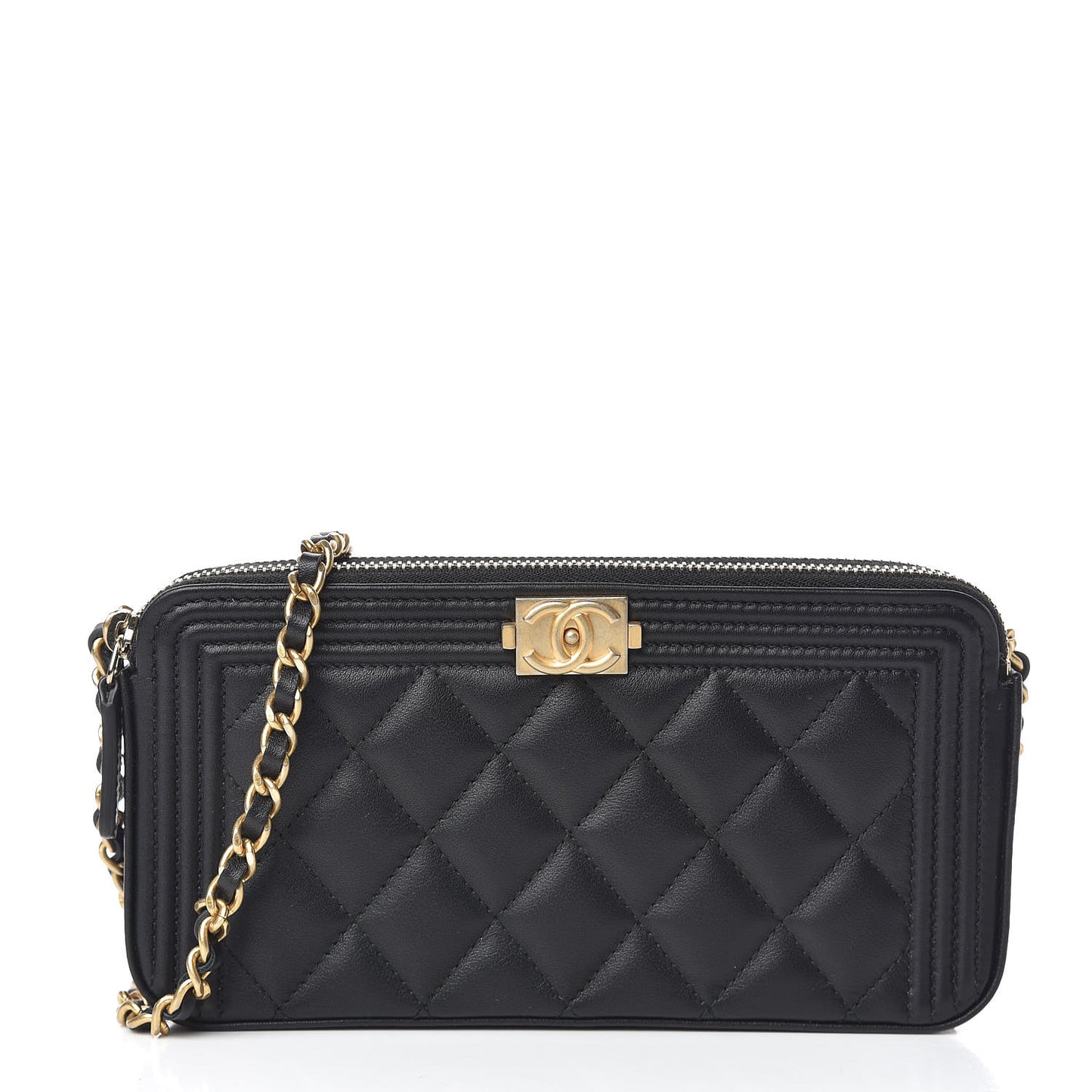 Lambskin Quilted Small Boy Clutch With Chain Black