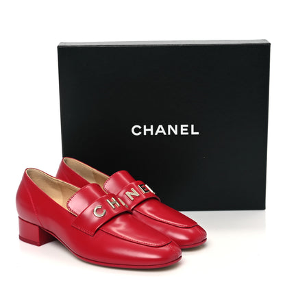 Chanel Shiny Calfskin Logo Loafers 37.5 Red 9 of 9