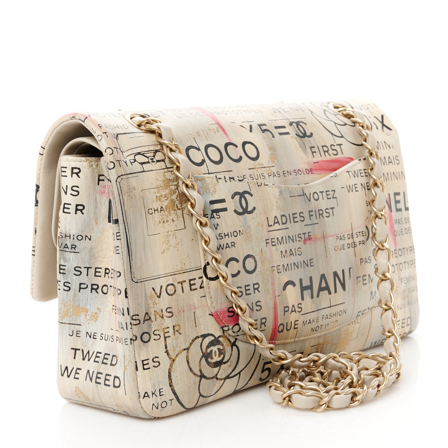 Lambskin Painted Feministe Newsprint Medium Double Flap Ecru Black