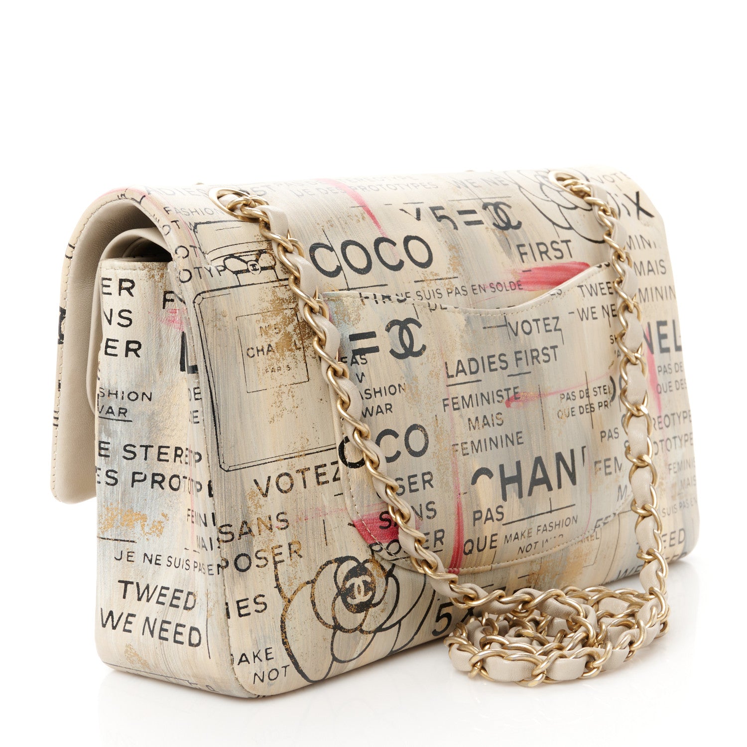 Chanel Lambskin Painted Feministe Newsprint Medium Double Flap Ecru Black 3 of 11