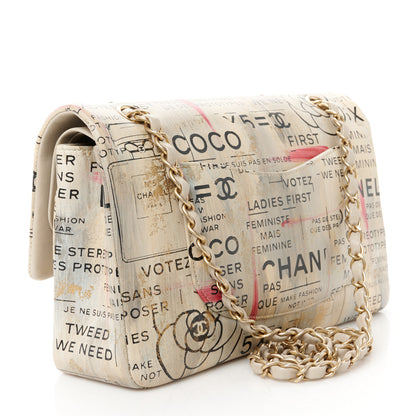 Chanel Lambskin Painted Feministe Newsprint Medium Double Flap Ecru Black 3 of 11