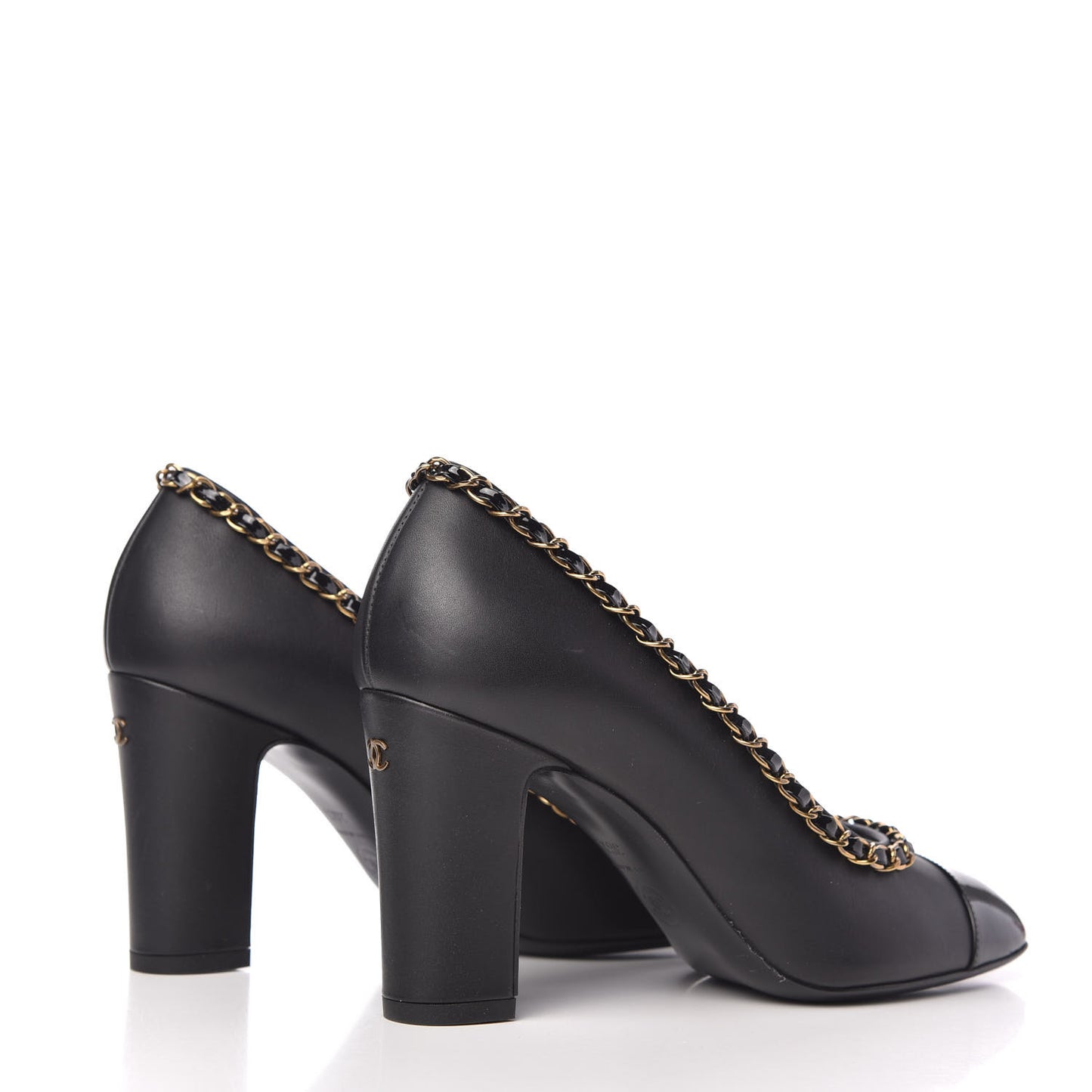 Calfskin Patent Calfskin Chain Cap Toe Pumps 36.5 Black