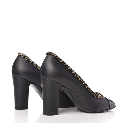 Chanel Calfskin Patent Calfskin Chain Cap Toe Pumps 36.5 Black 4 of 9