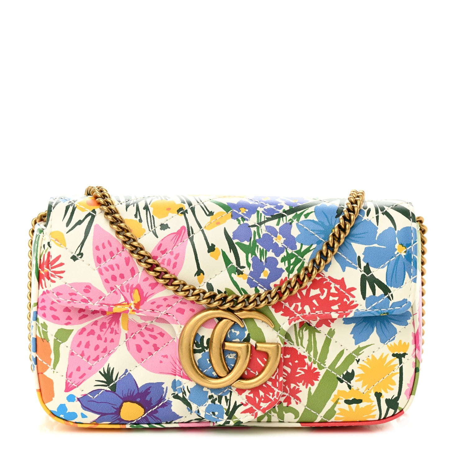 X KEN SCOTT Calfskin Matelasse Floral Print Super Mini GG Marmont Shoulder Bag Ivory Pink