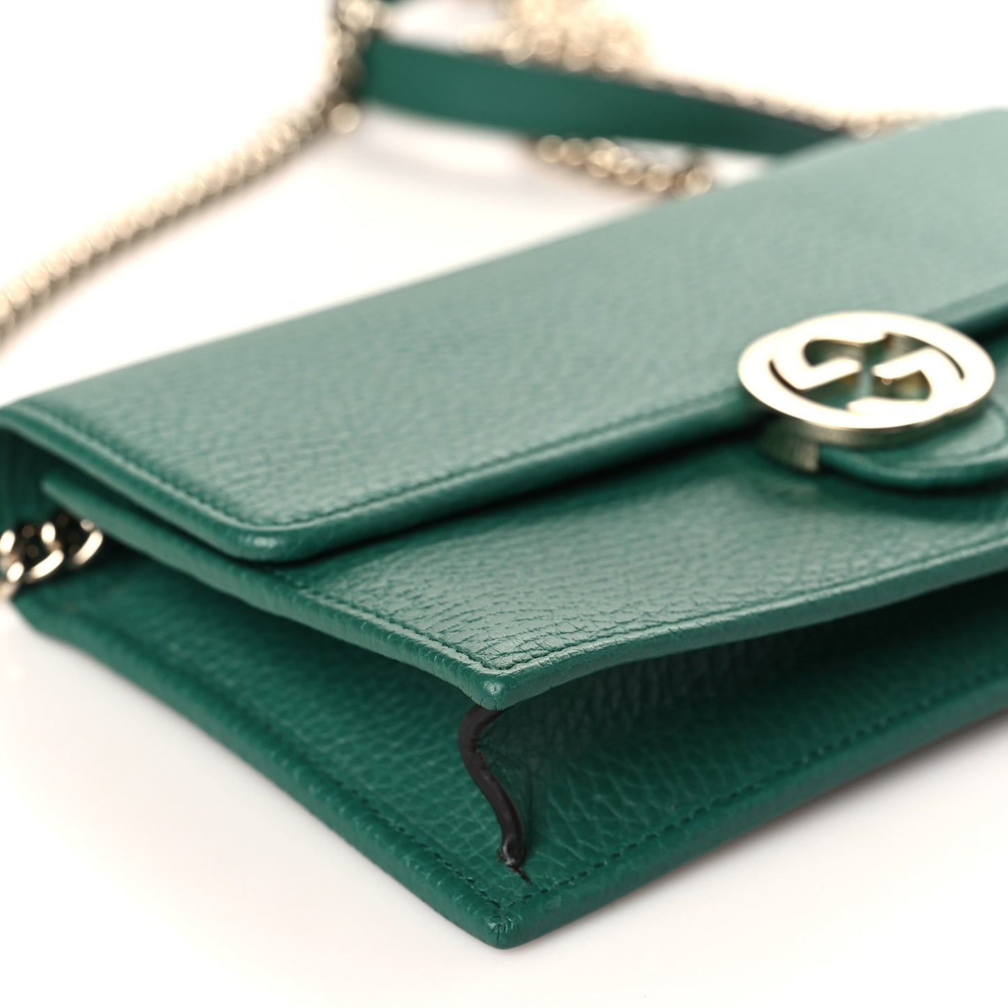 Dollar Calfskin Interlocking G Chain Wallet Emerald