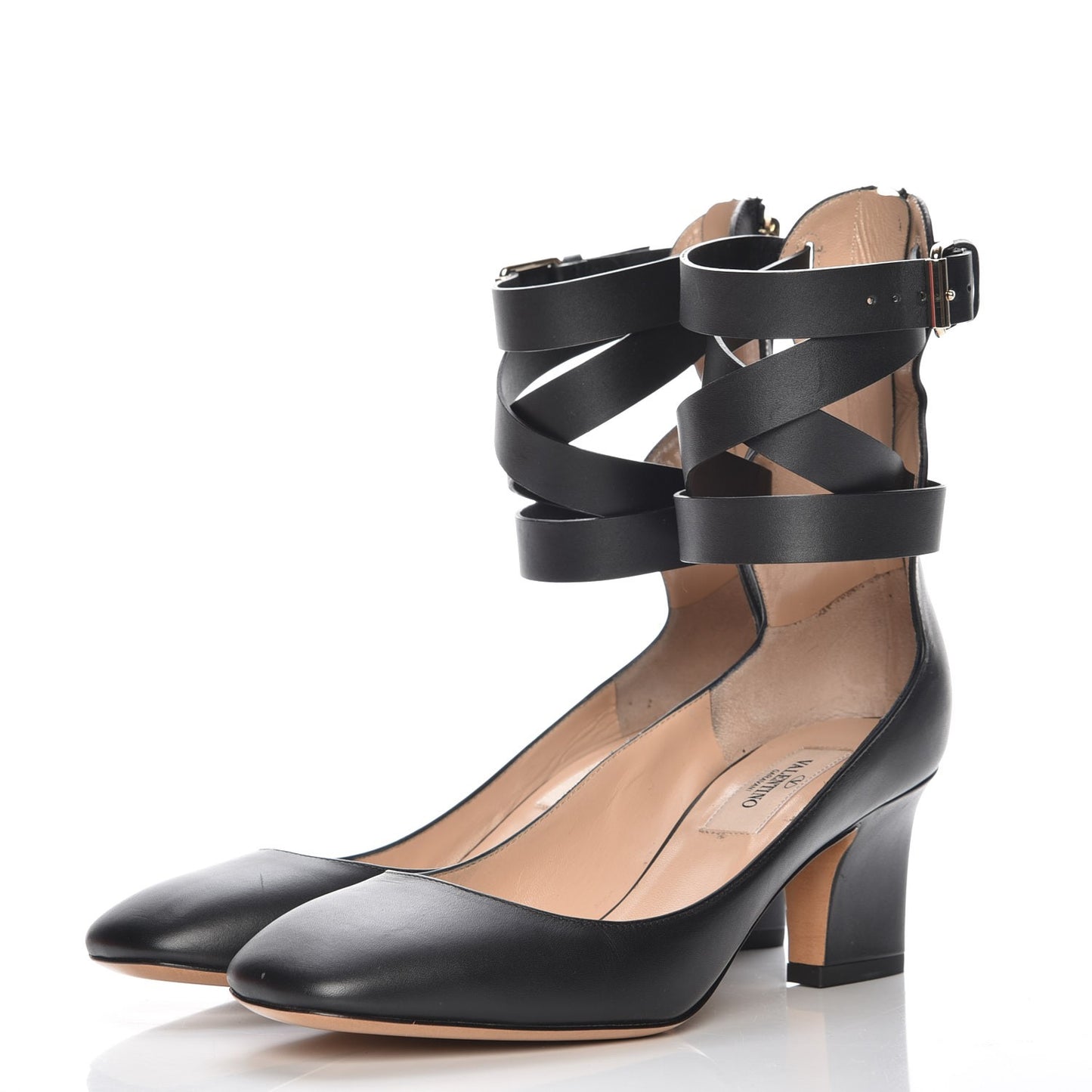 Calfskin Back Zip Ankle Wrap Pumps 35.5 Black