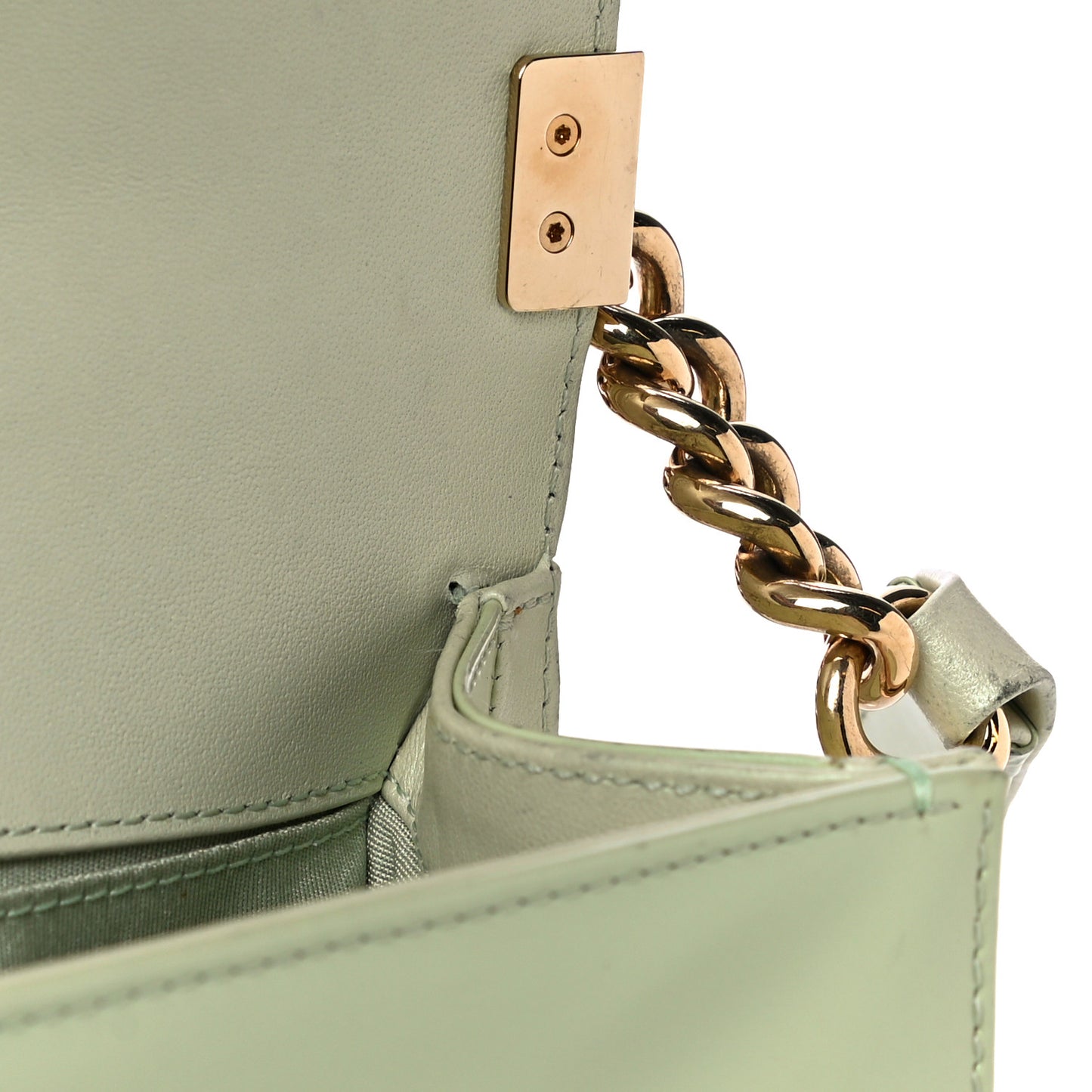 Patent Calfskin Quilted Medium Boy Flap Light Green