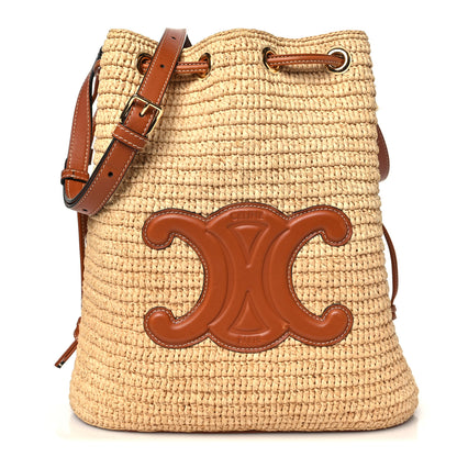 Celine Raffia Calfskin Triomphe Drawstring Bucket Natural Tan 1 of 11
