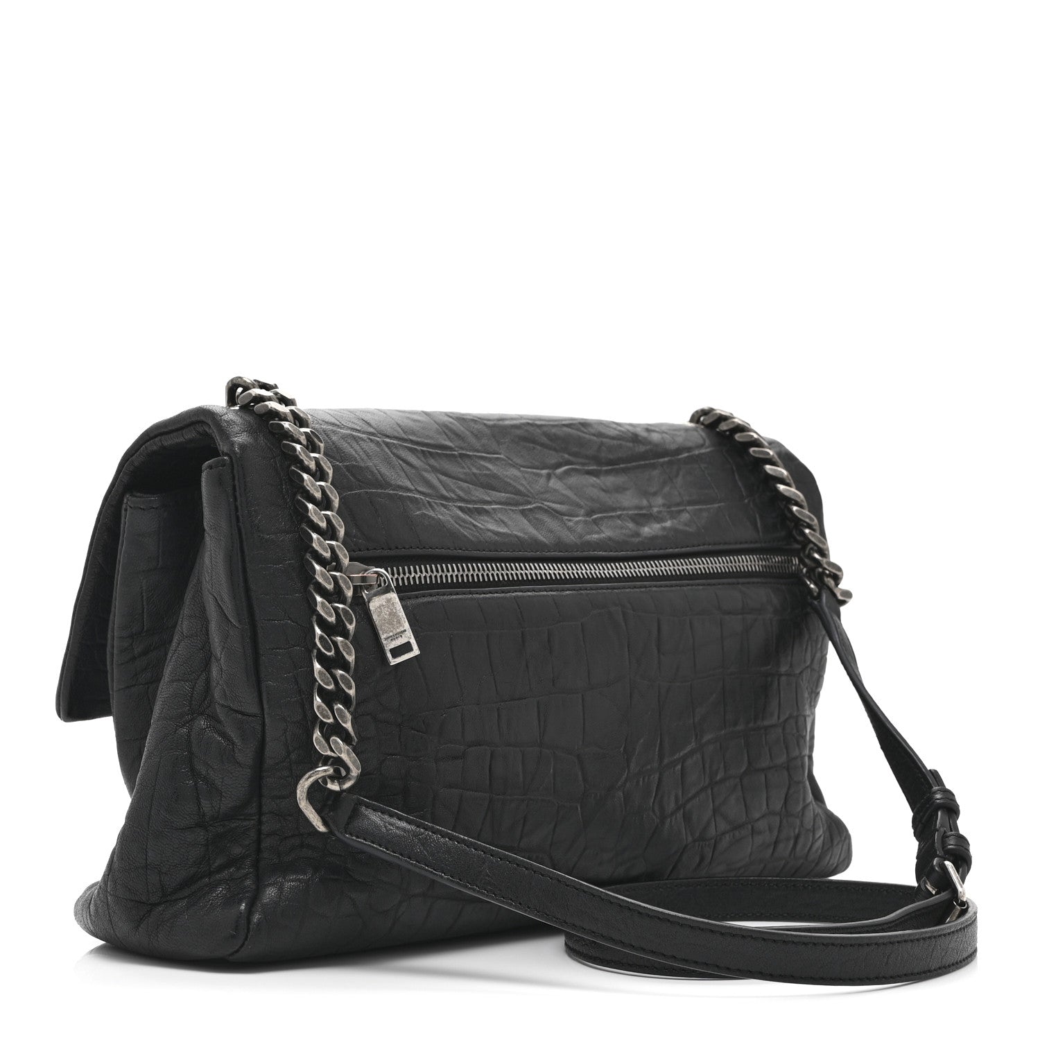 Saint Laurent Calfskin Crocodile Embossed Medium West Hollywood Monogram Fold-Over Black 3 of 10