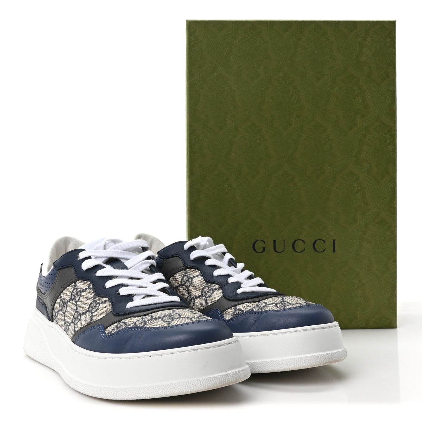 GG Supreme Calfskin Monogram Mens Interlocking G 55mm Sneakers 9 Beige Blue Black