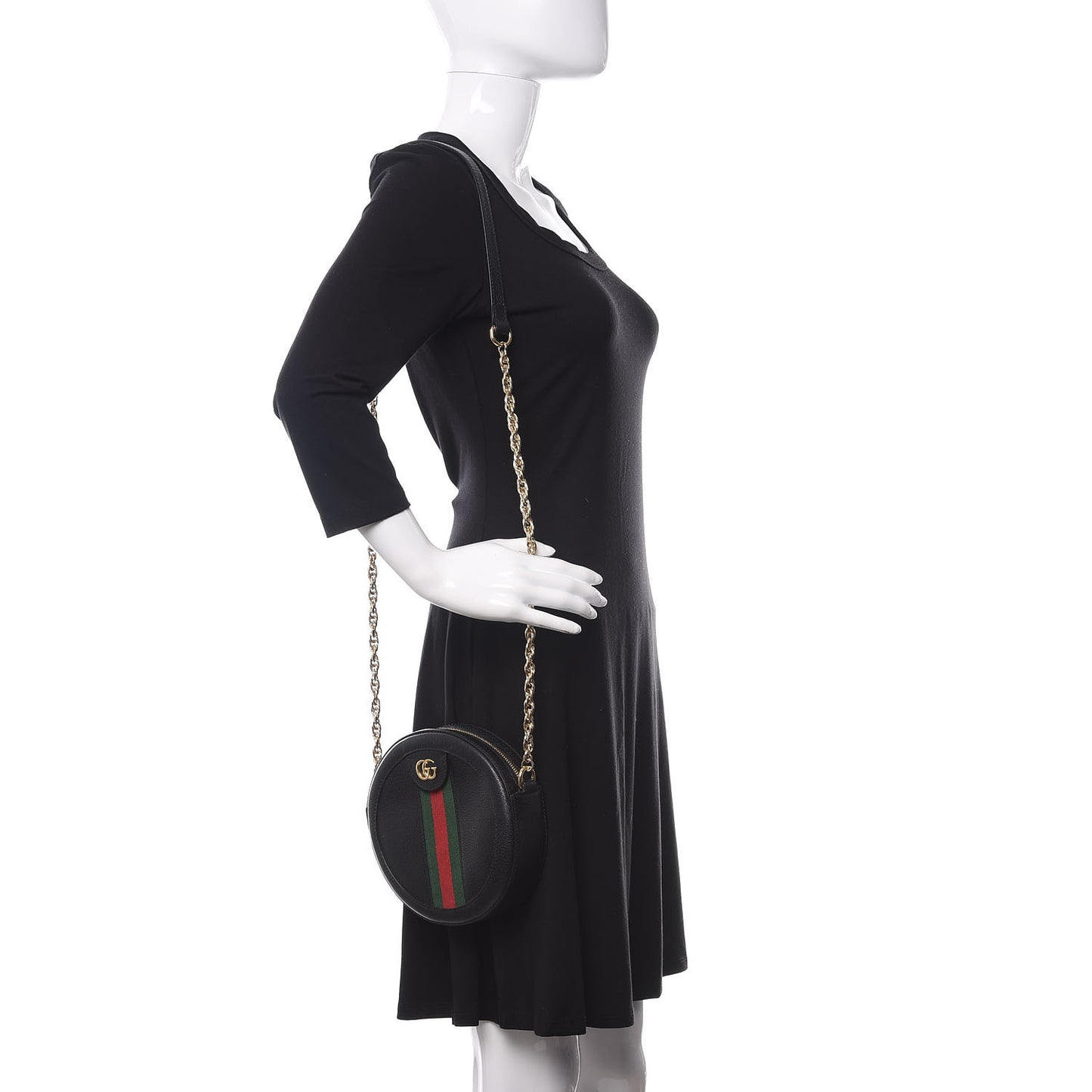 Grained Calfskin Web Mini Ophidia Round Shoulder Bag Black