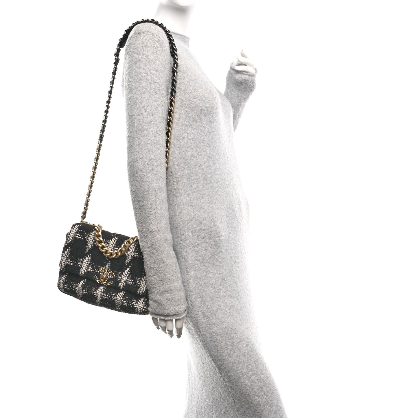 Tweed Quilted Medium Chanel 19 Flap Black White