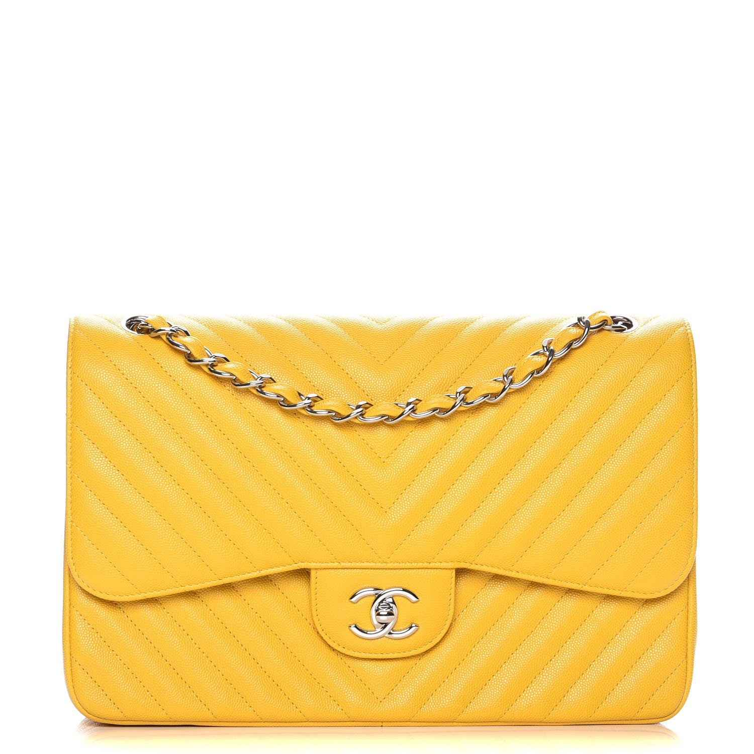 Chanel Caviar Chevron Quilted Jumbo Double Flap Yellow 1 of 8