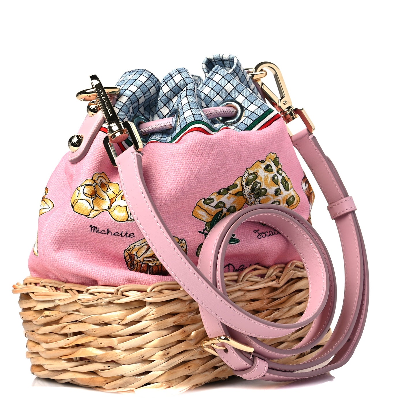 Wicker Calfskin Canvas Printed La Dolce Vita Bucket Bag Rosa