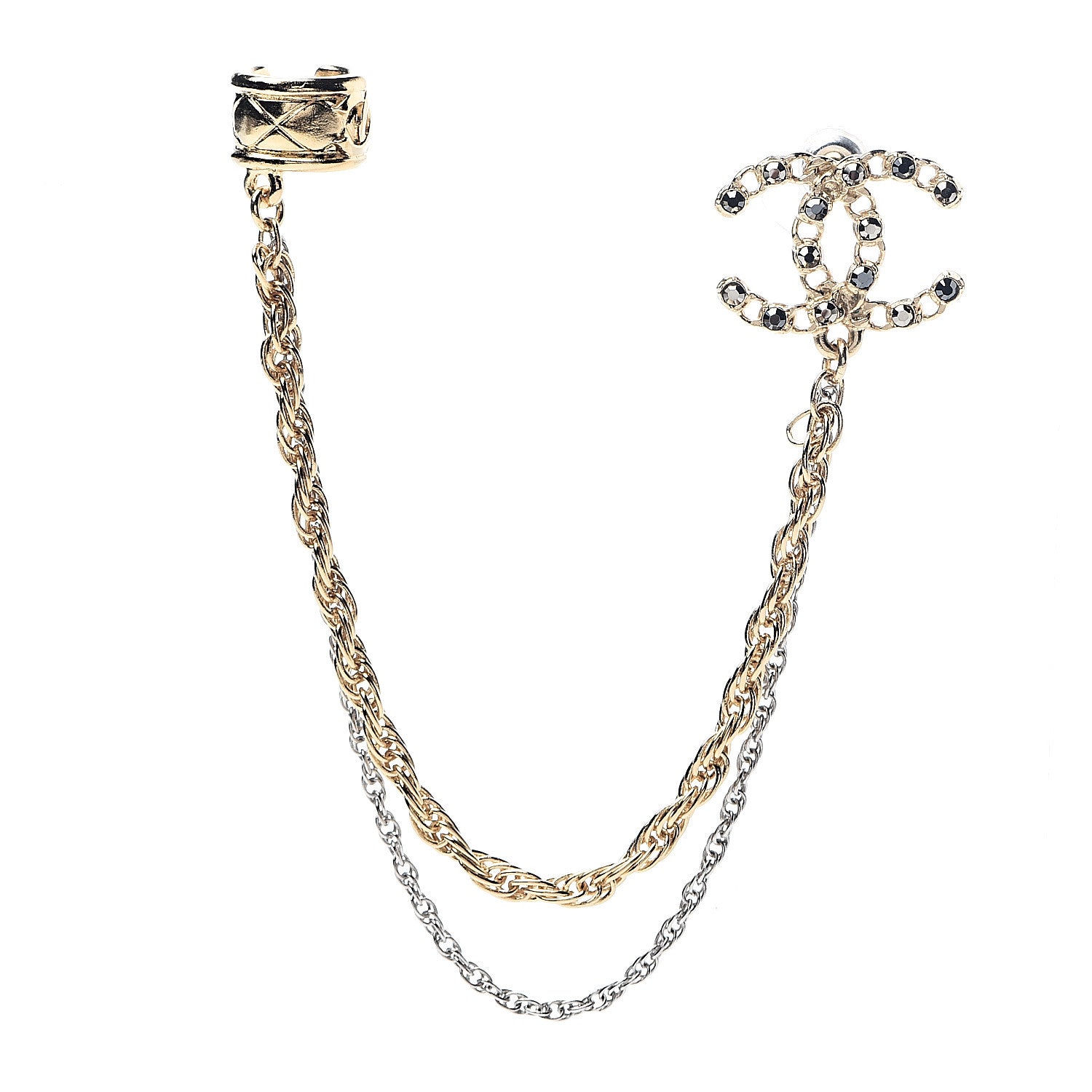 Chanel Crystal CC Chain Cuff Single Earring Gold Silver 1 of 5