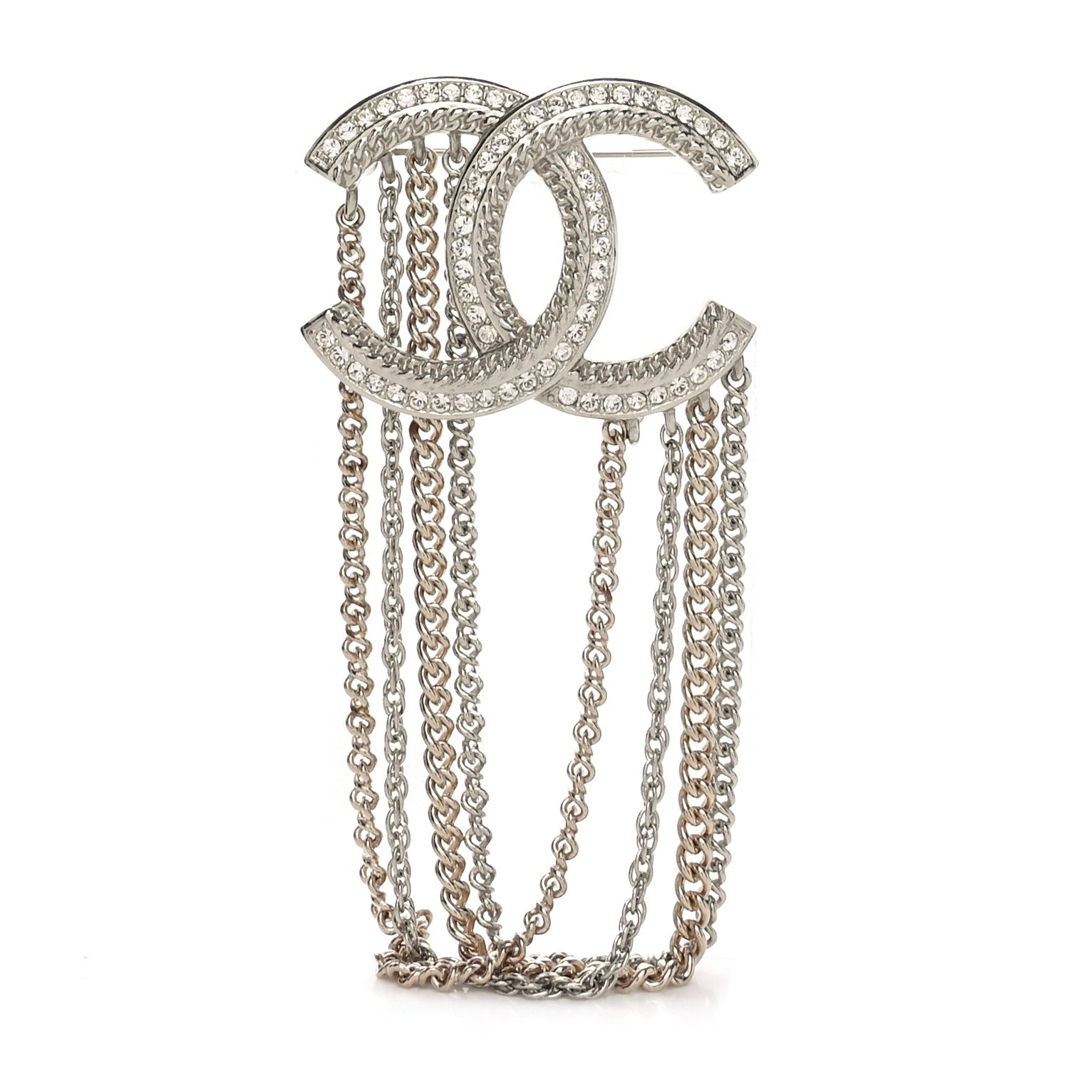 Chanel Crystal Multi Strand Chain CC Brooch Silver Gold 1 of 4