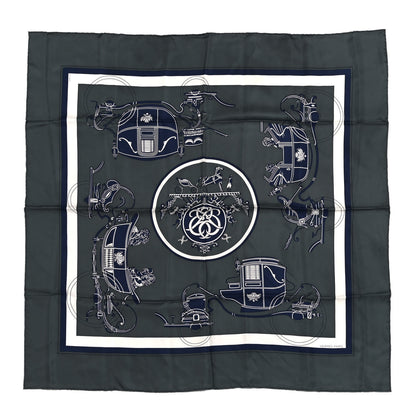Hermes Silk Ex Libris Scarf 90 Anthracite Marine White 1 of 4