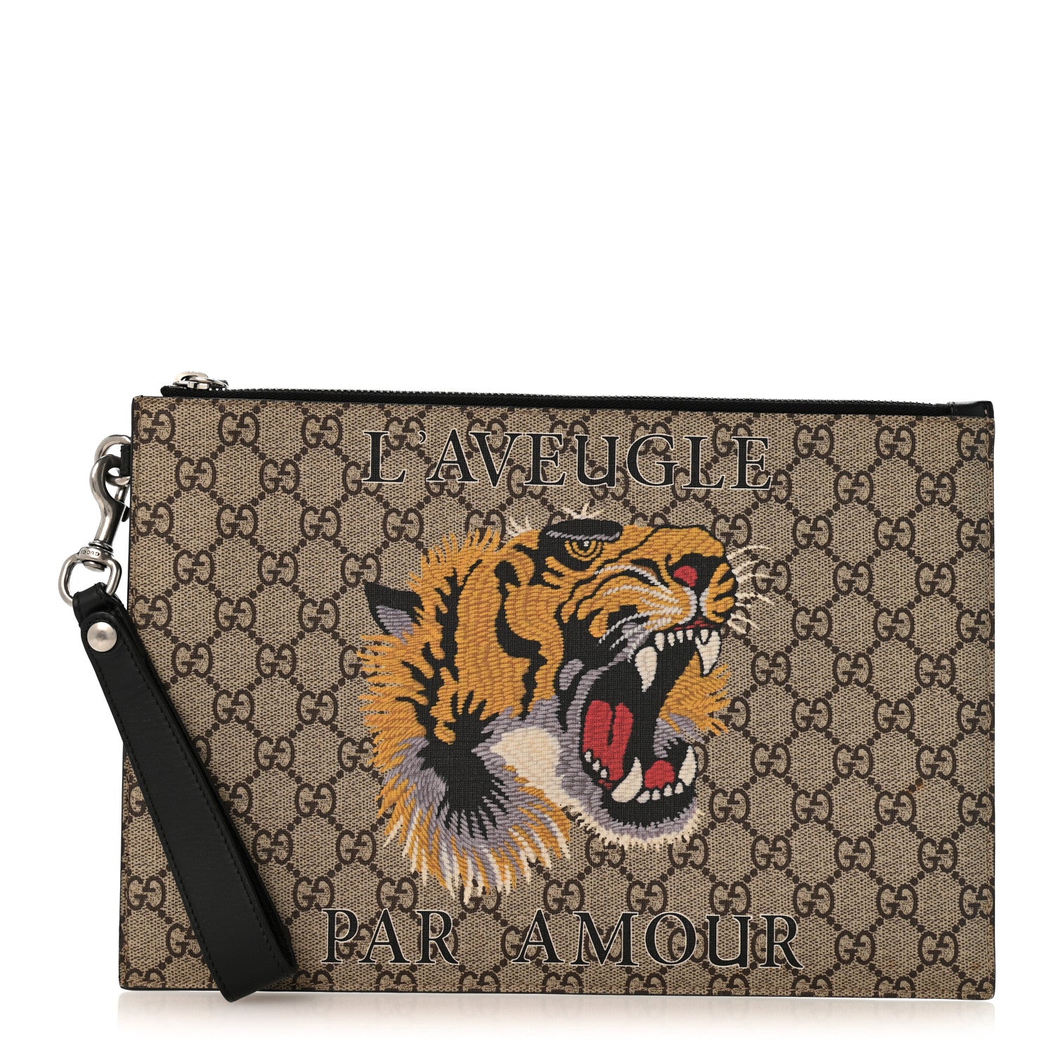 Gucci GG Supreme Monogram Tiger Zip Wristlet Pouch Beige 1 of 8