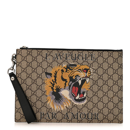 Gucci GG Supreme Monogram Tiger Zip Wristlet Pouch Beige 1 of 8