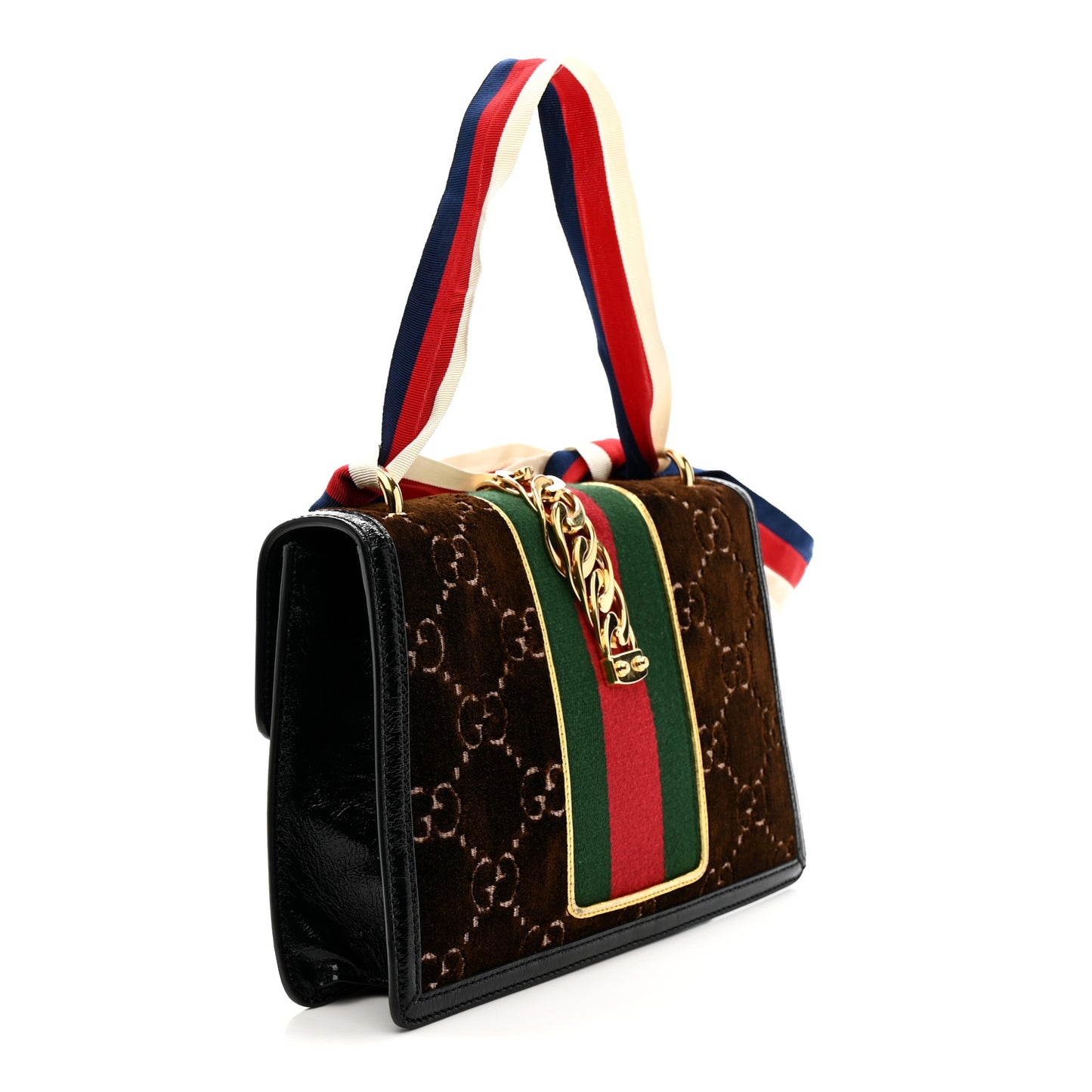 Velvet GG Monogram Web Small Sylvie Shoulder Bag Brown Black Oro Vecchio
