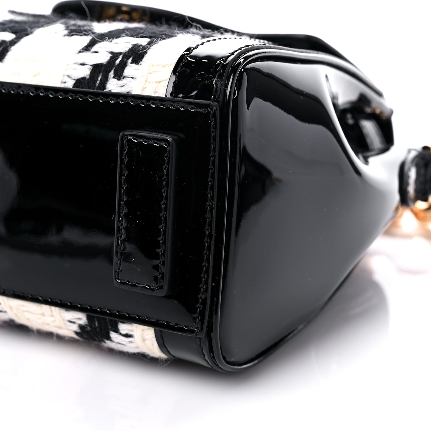 Patent Calfskin Tweed Houndstooth Medusa Small Top Handle Handbag Black White