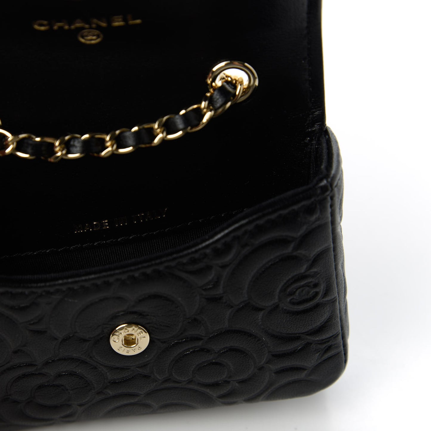 Caviar Camellia Embossed Chain Belt Bag Black