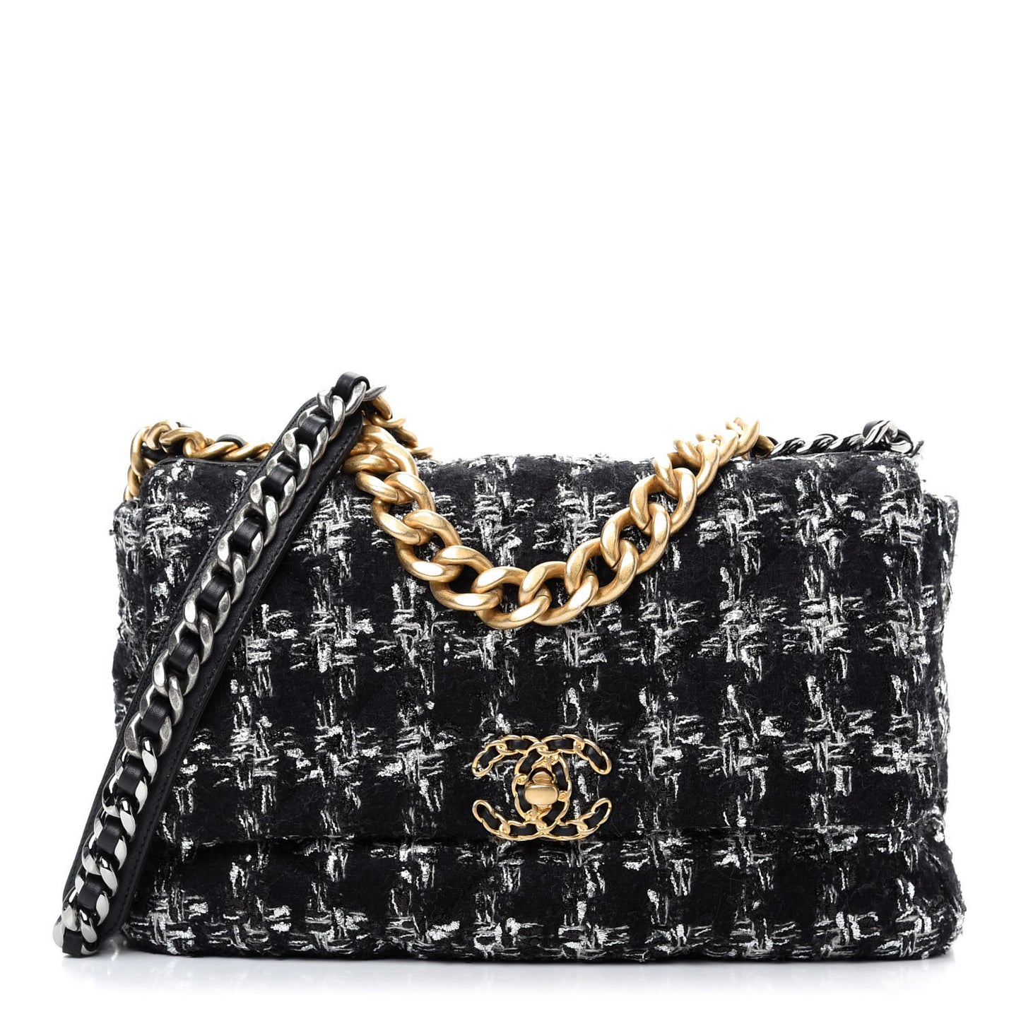 Tweed Quilted Large Chanel 19 Flap Black Silver Ecru