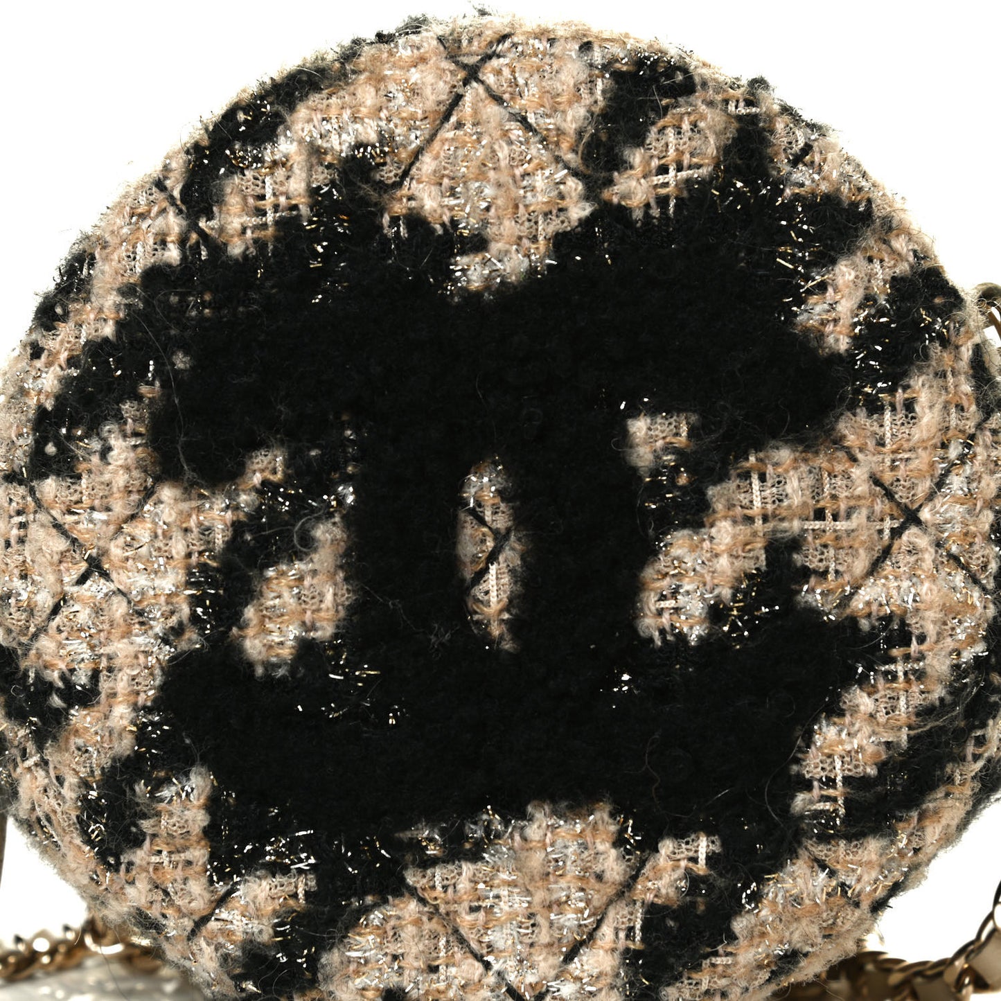 Tweed Shearling Round Clutch With Chain and Coin Purse Beige Black