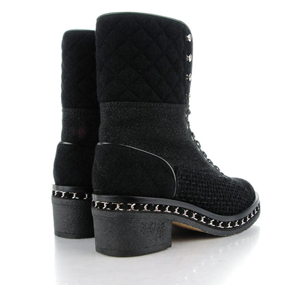 Chanel Tweed Quilted Chain Short Boots 38 Black 4 of 9