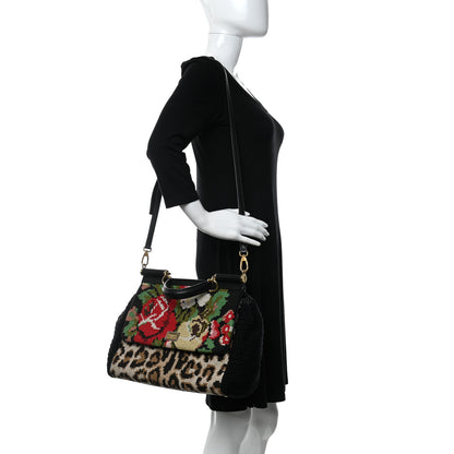 Dolce & Gabbana Crochet Embroidered Floral Leopard Print Miss Sicily Top Handle Flap Black Multicolor 2 of 14