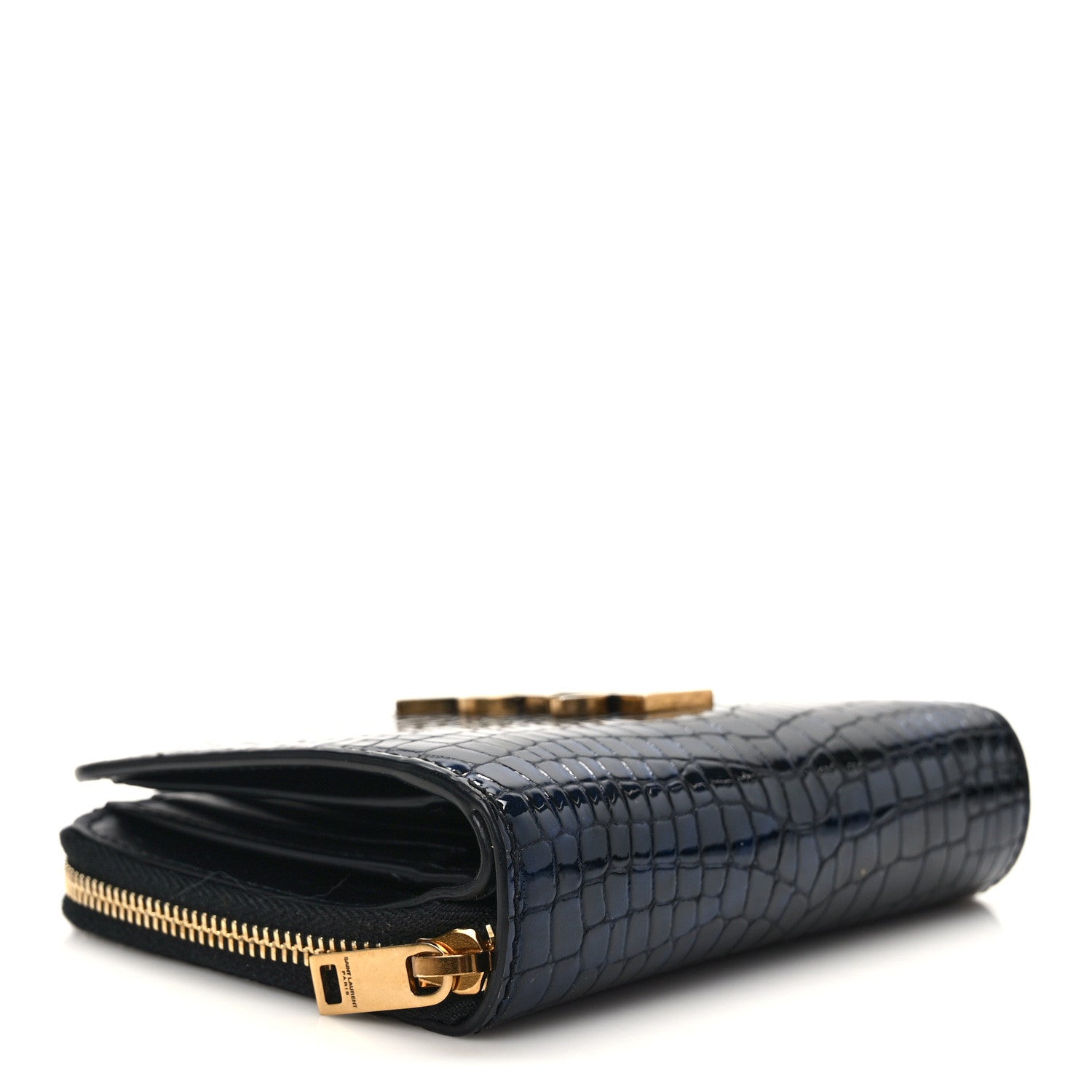 Saint Laurent Calfskin Crocodile Embossed Monogram Compact Wallet Blue Black 4 of 10