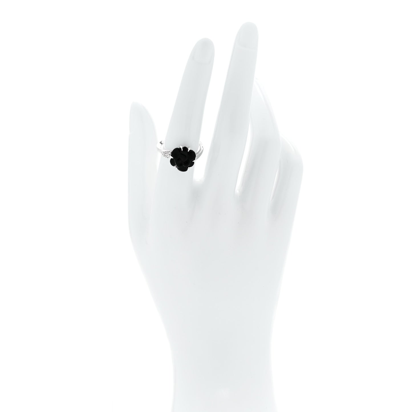 18K White Gold Diamond Onyx Camellia Ring 55 7.25