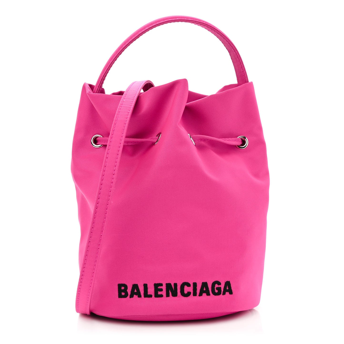 Recycled Sport Nylon Logo Embroidered Wheel Drawstring Bucket Bag Fluo Pink Black