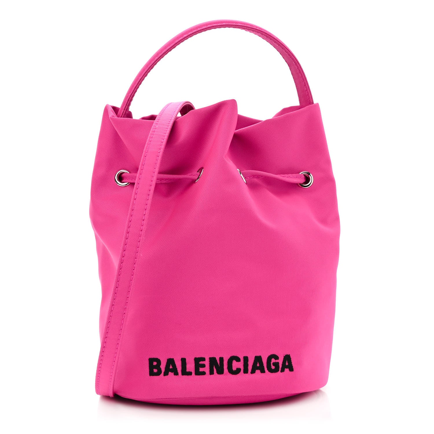 Balenciaga Recycled Sport Nylon Logo Embroidered Wheel Drawstring Bucket Bag Fluo Pink Black 1 of 10