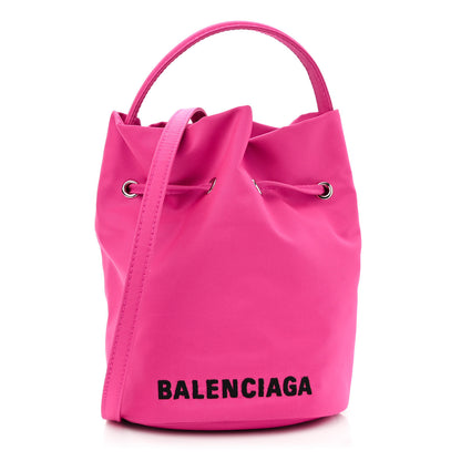 Balenciaga Recycled Sport Nylon Logo Embroidered Wheel Drawstring Bucket Bag Fluo Pink Black 1 of 10