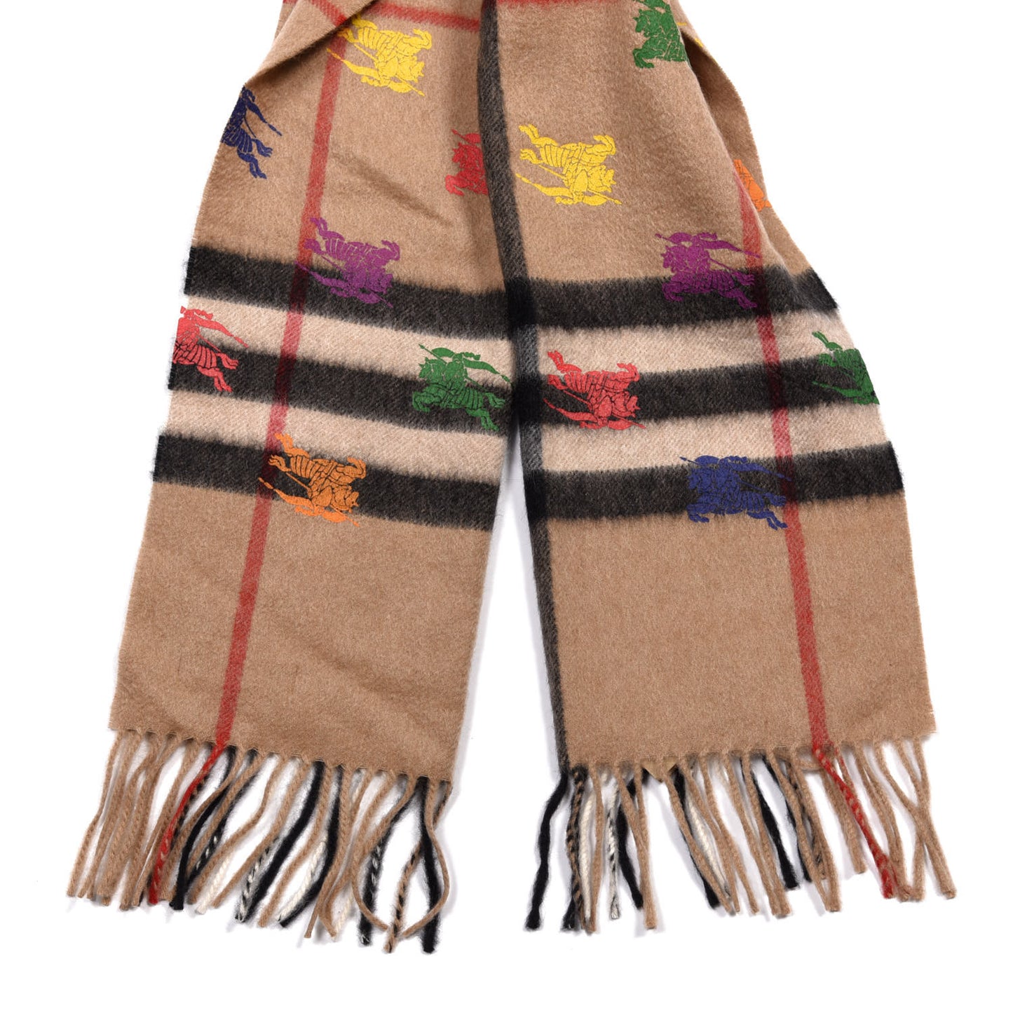 Cashmere Giant Check EKD Fringe Scarf Camel Multicolor