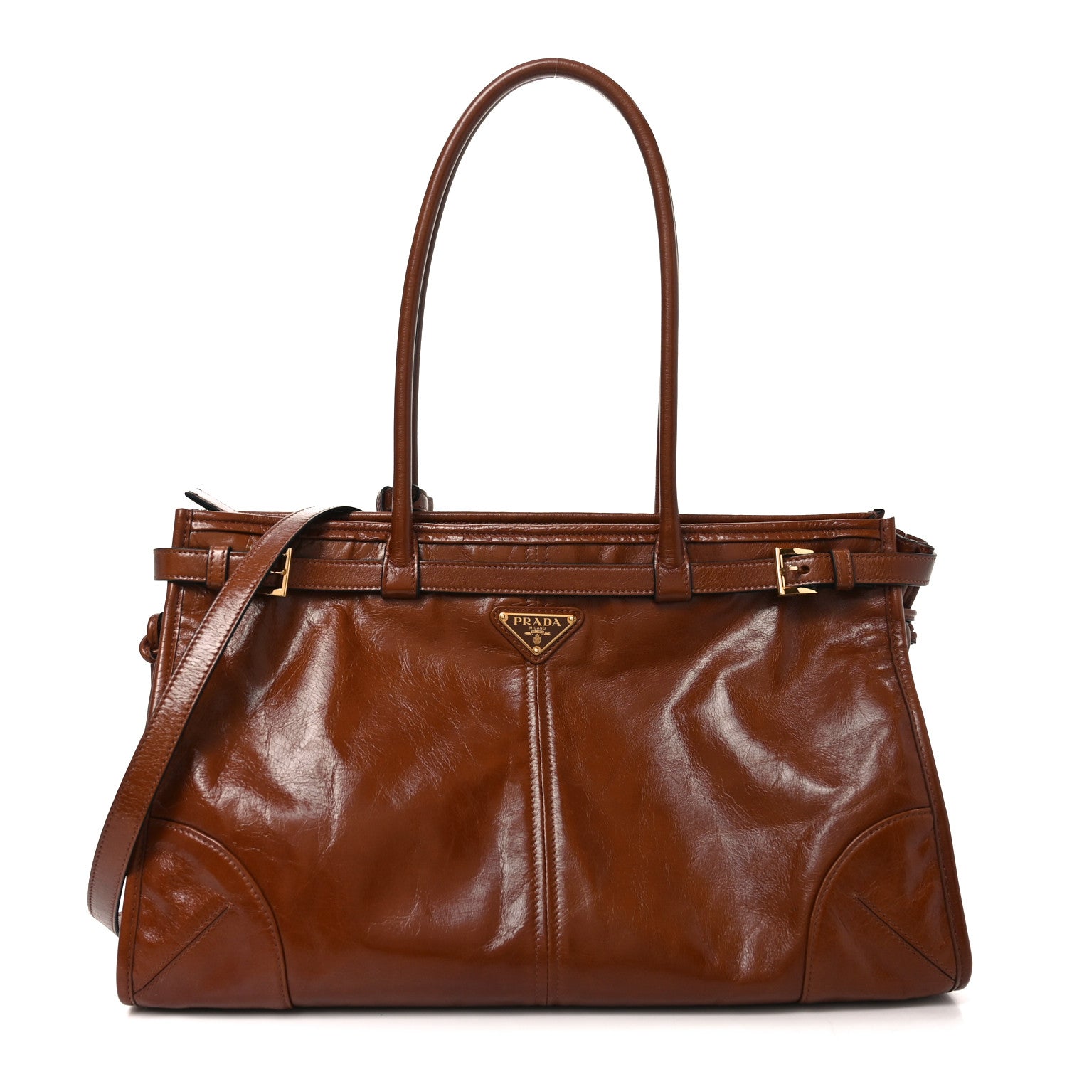 Prada Glossy Calfskin Triangle Large Bonnie Shoulder Bag Palissandro 1 of 9