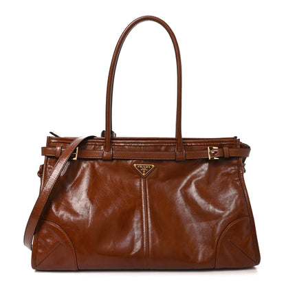 Prada Glossy Calfskin Triangle Large Bonnie Shoulder Bag Palissandro 1 of 9