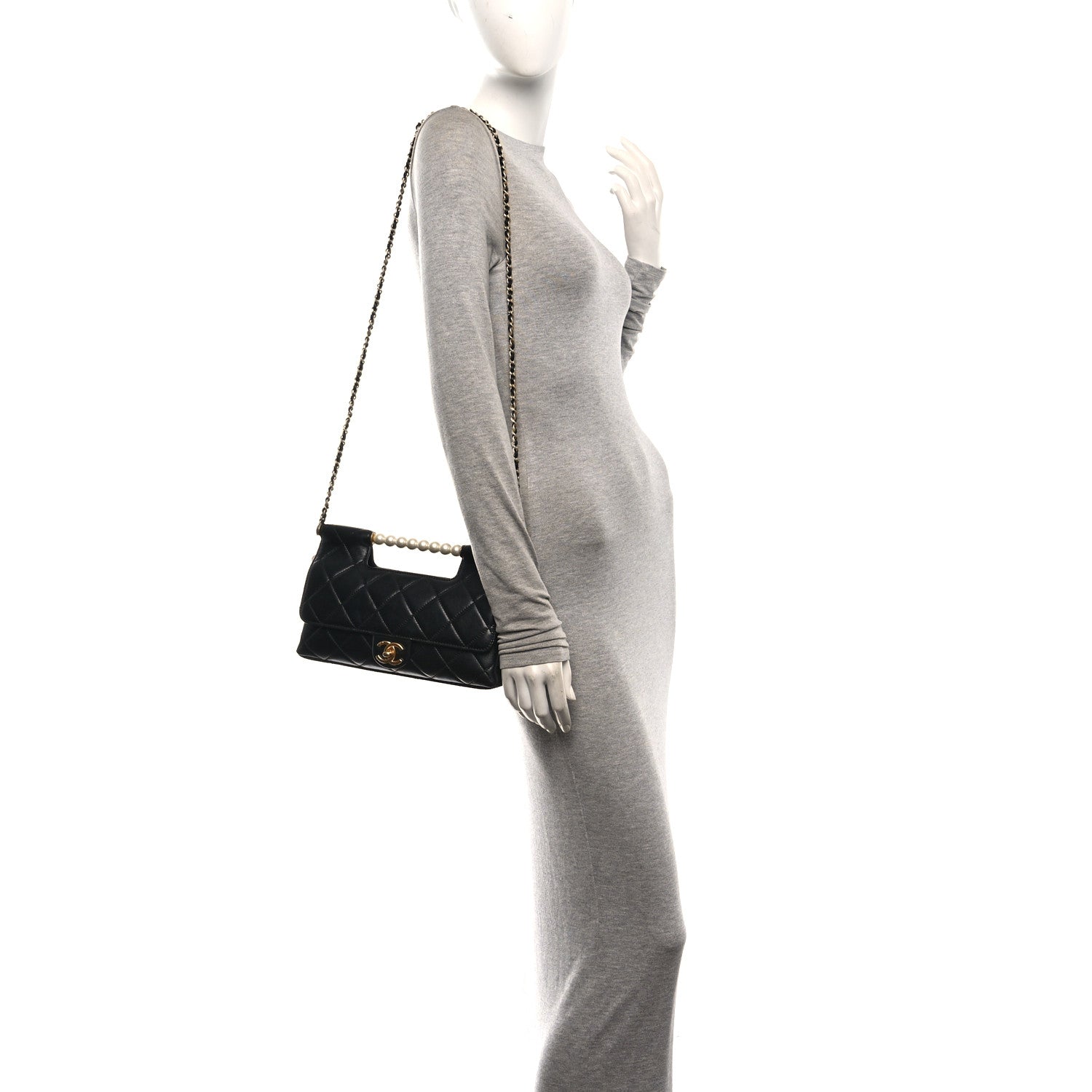 Chanel Shiny Lambskin Pearl Top Handle Flap Shopping Bag Black