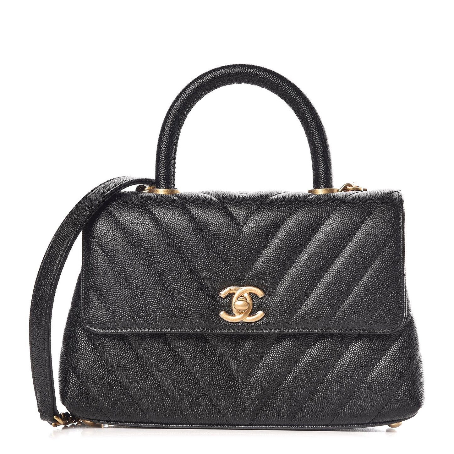 Caviar Chevron Quilted Mini Coco Handle Flap Black