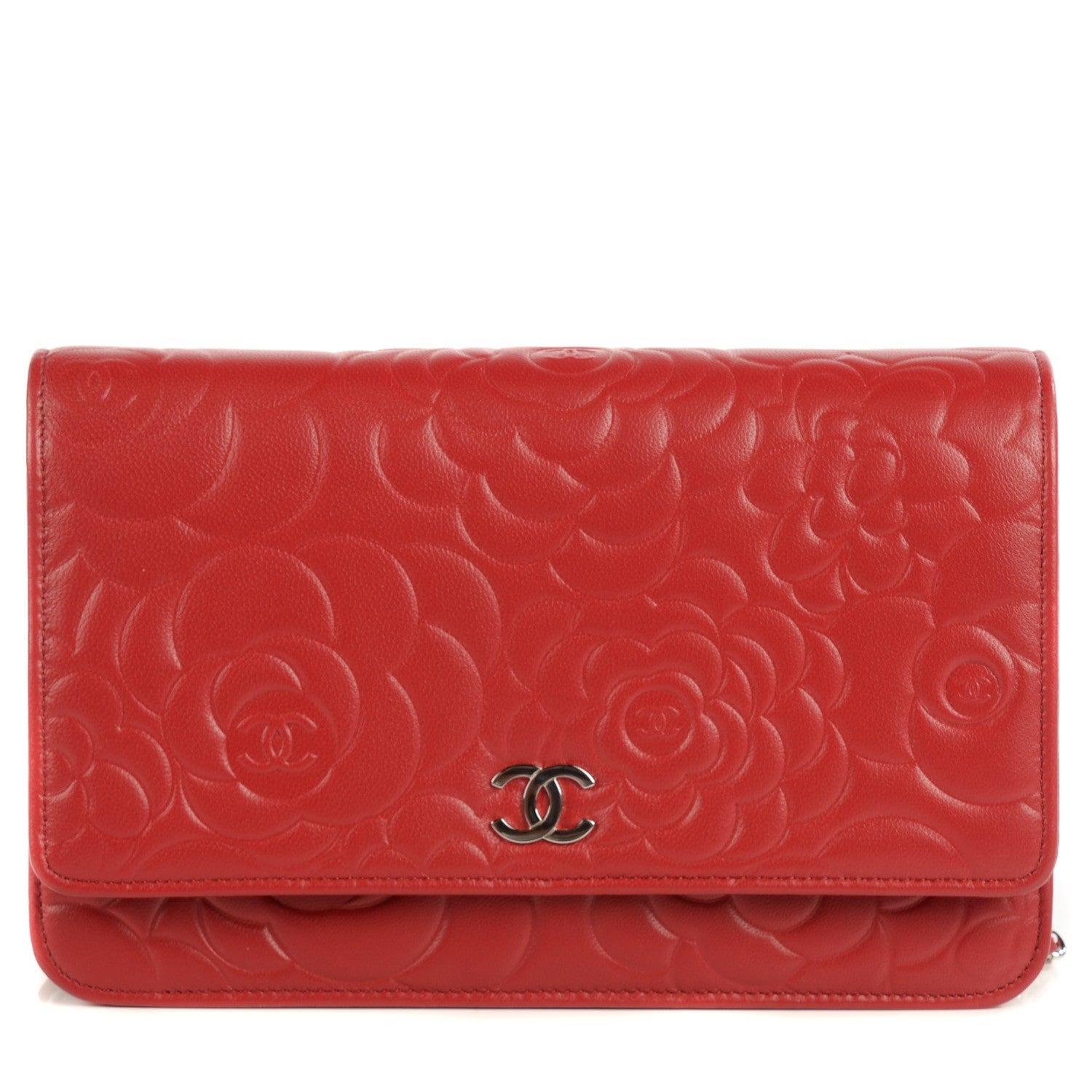 Chanel Lambskin Camellia Embossed Wallet On Chain WOC Red 1 of 9