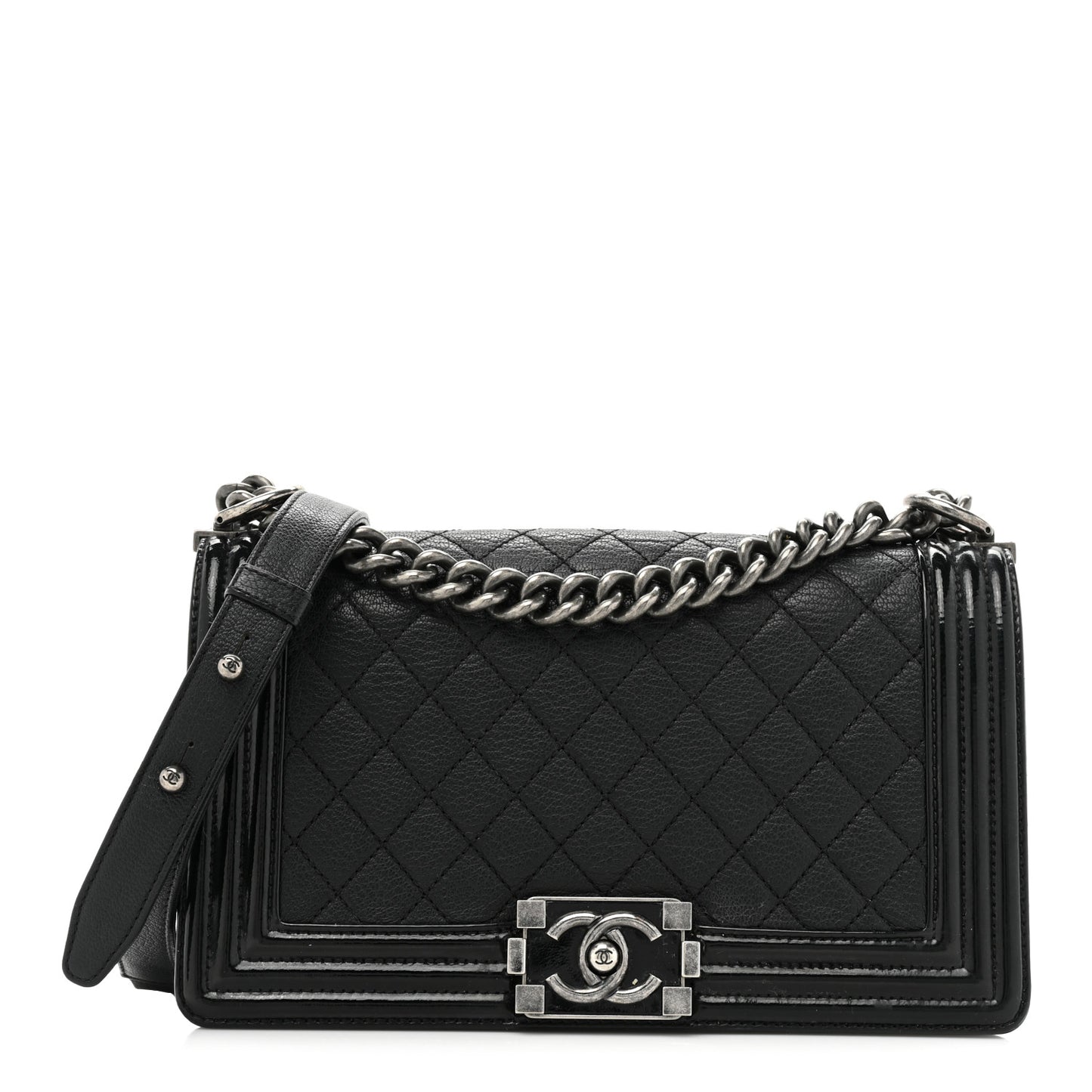 Goatskin Quilted Patent Medium Duo Boy Flap Black