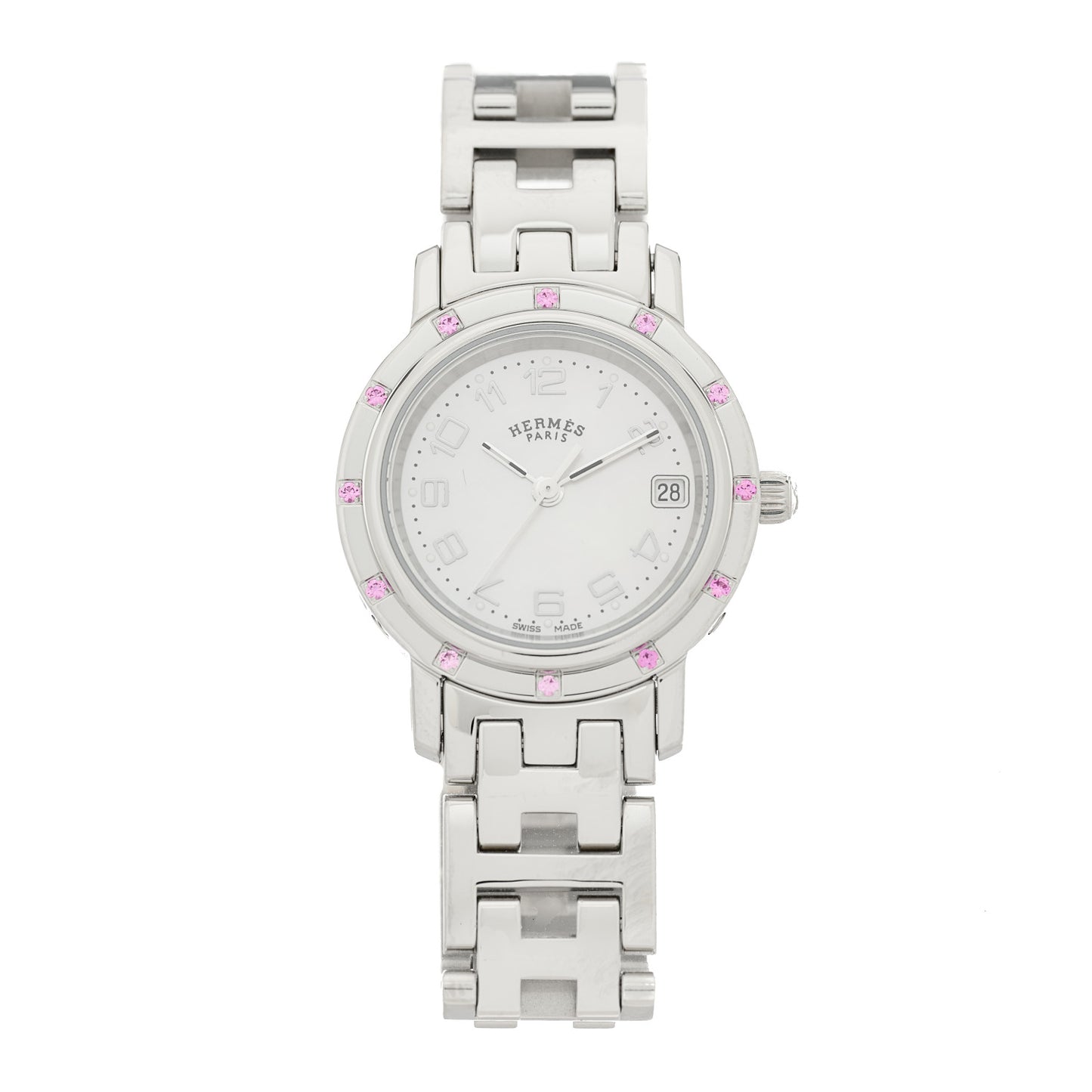 Stainless Steel Pink Sapphire Mother of Pearl 24mm Clipper Nacre Quartz Watch