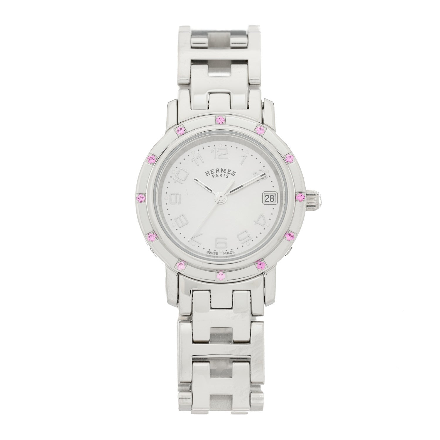 Hermes Stainless Steel Pink Sapphire Mother of Pearl 24mm Clipper Nacre Quartz Watch 1 of 4