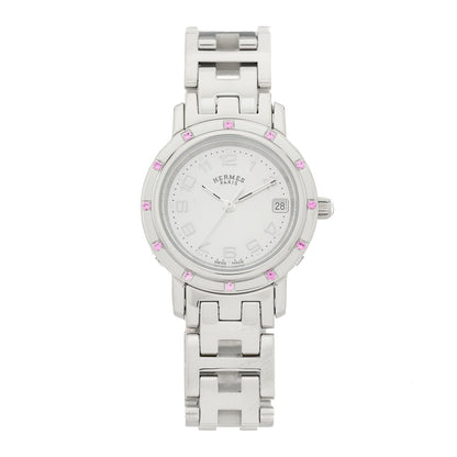 Hermes Stainless Steel Pink Sapphire Mother of Pearl 24mm Clipper Nacre Quartz Watch 1 of 4