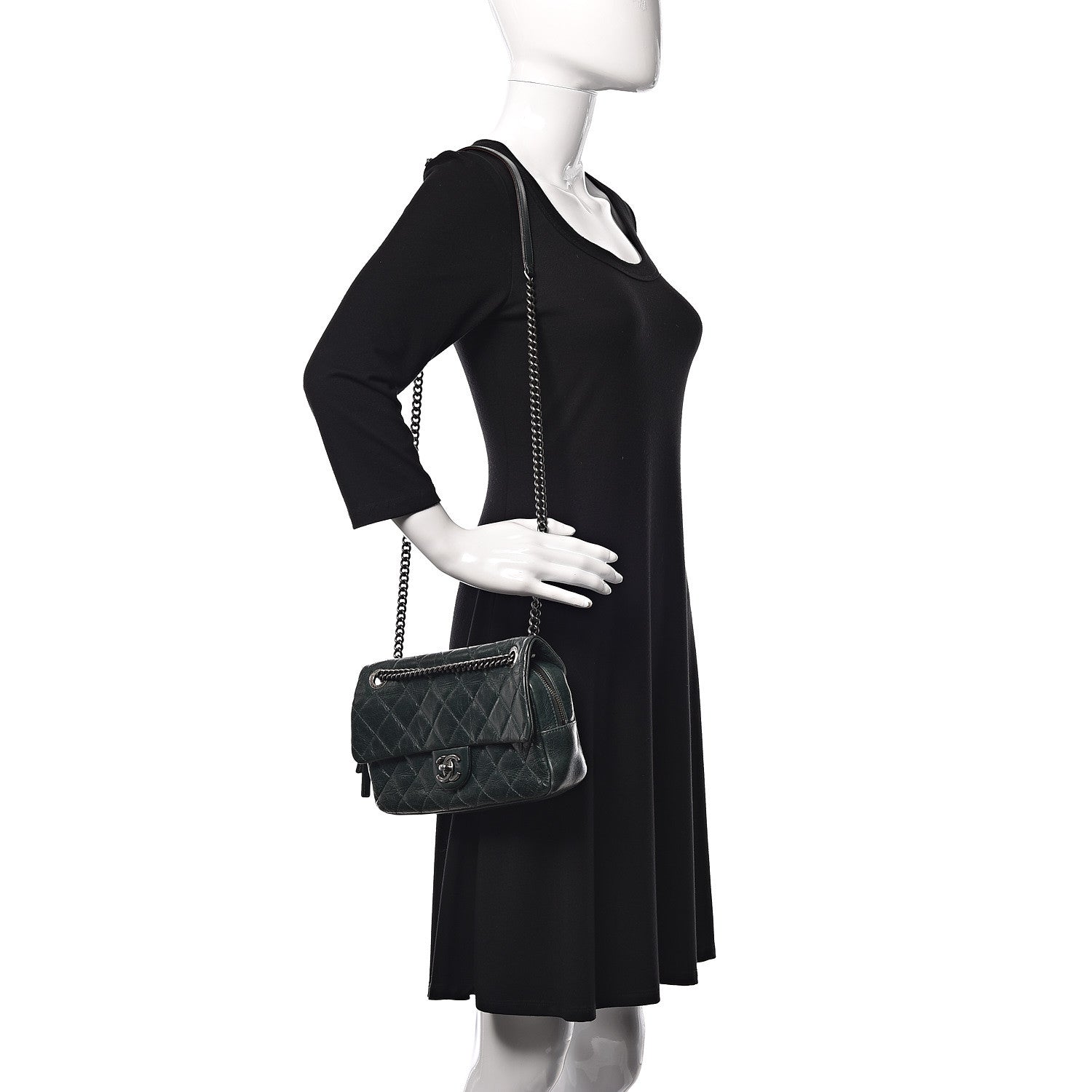 Chanel Glazed Calfskin Quilted Medium Duo Color Flap Dark Green 2 of 9