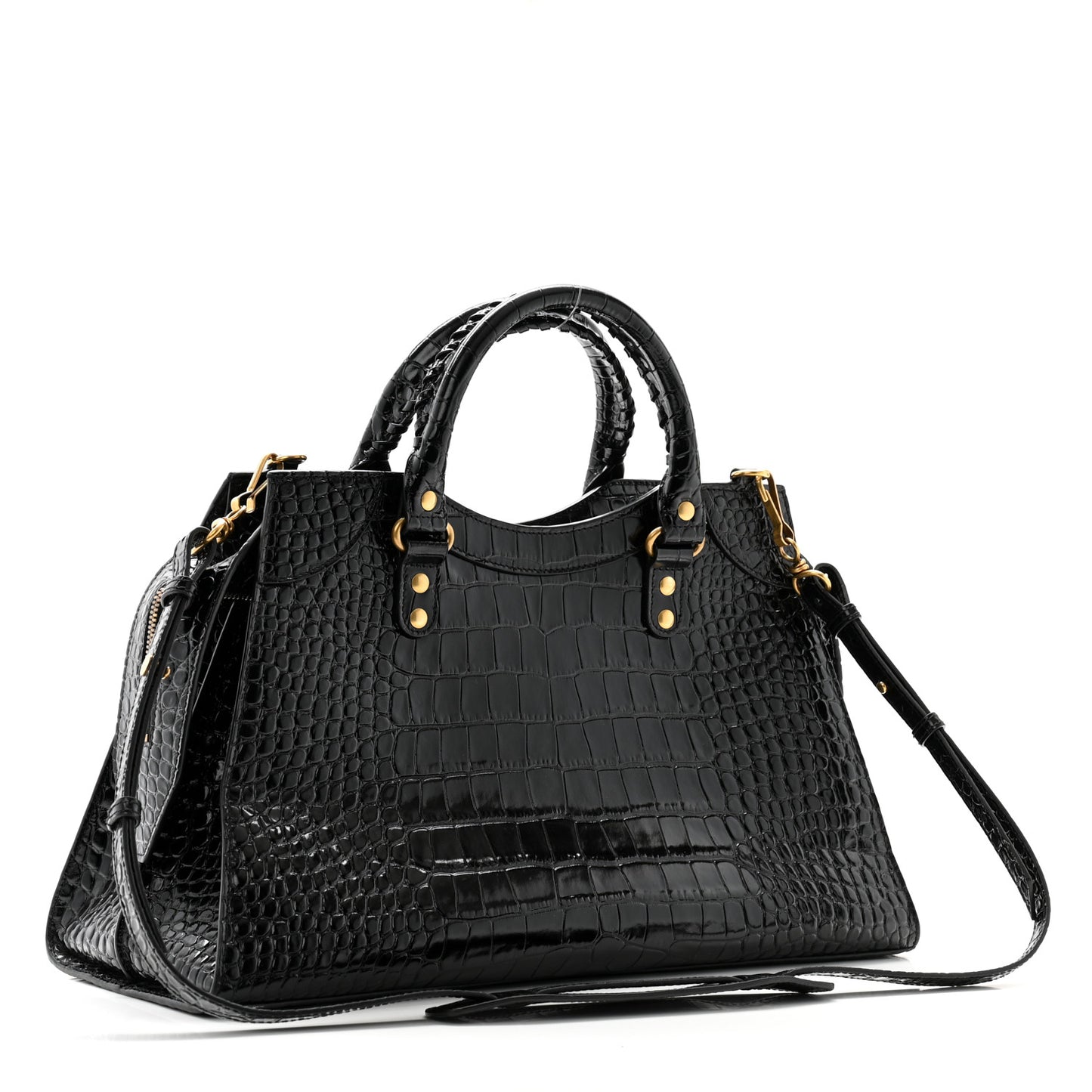 Shiny Supple Calfskin Crocodile Embossed Brass Hardware Neo Classic City Black