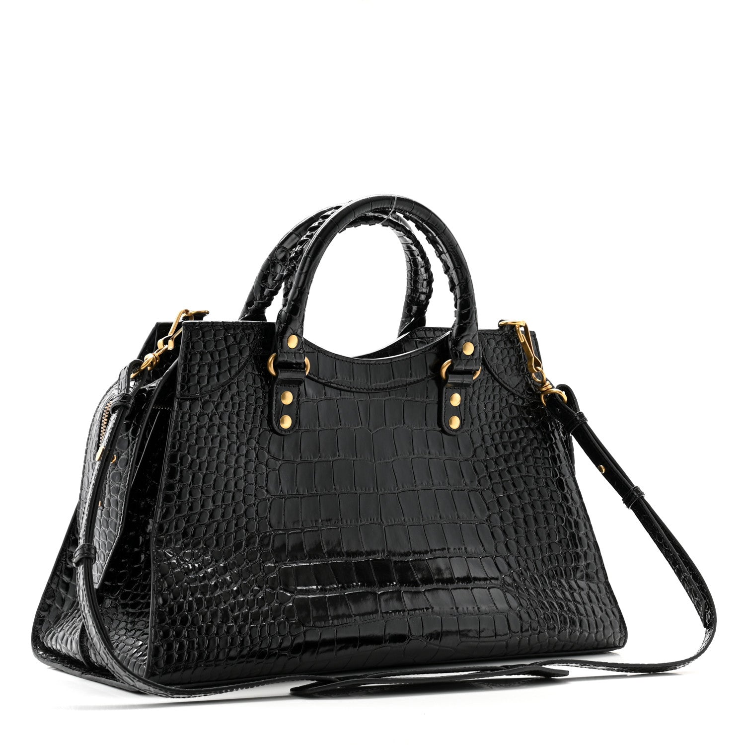 Balenciaga Shiny Supple Calfskin Crocodile Embossed Brass Hardware Neo Classic City Black 3 of 10