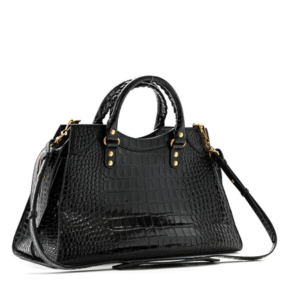 Balenciaga Shiny Supple Calfskin Crocodile Embossed Brass Hardware Neo Classic City Black 3 of 10