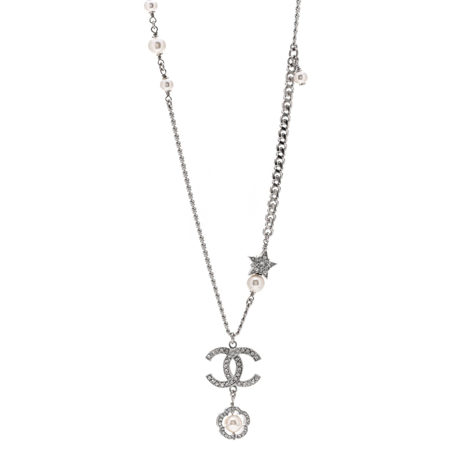 Chanel Crystal Pearl CC Star Necklace Silver 1 of 3